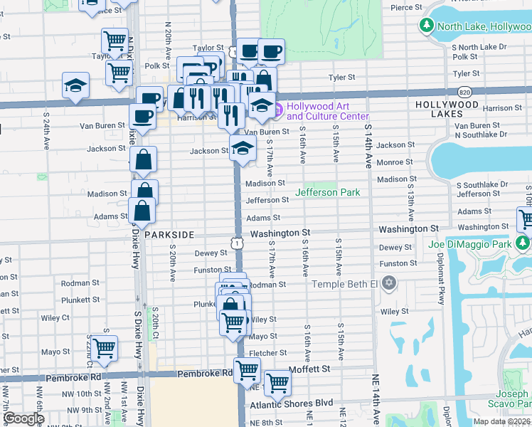 map of restaurants, bars, coffee shops, grocery stores, and more near 1651 Adams Street in Hollywood