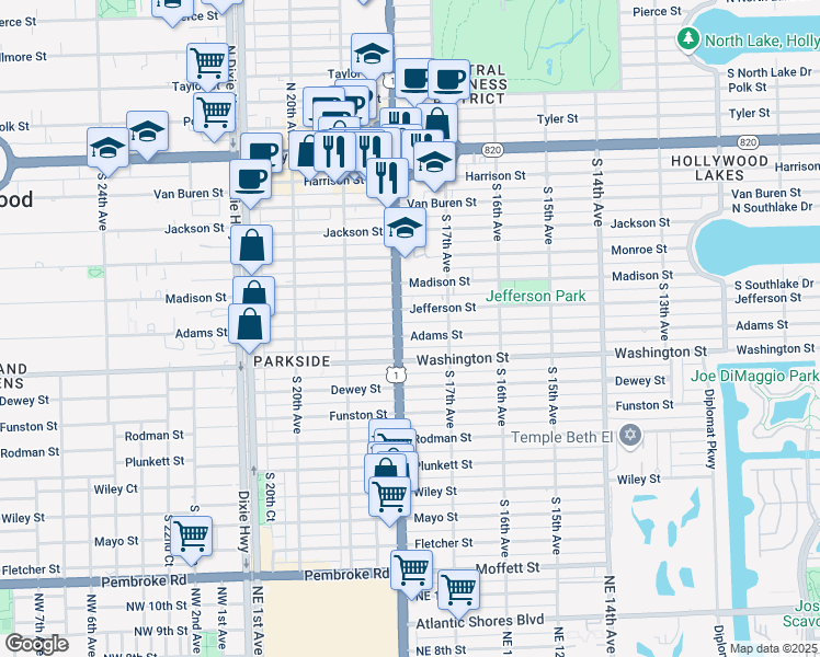 map of restaurants, bars, coffee shops, grocery stores, and more near 1736 Jefferson Street in Hollywood