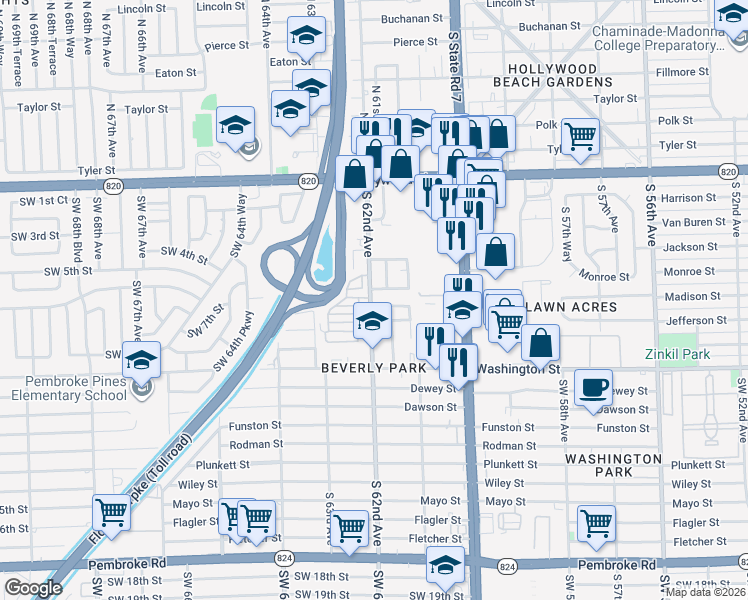 map of restaurants, bars, coffee shops, grocery stores, and more near 6136 Monroe Street in Hollywood