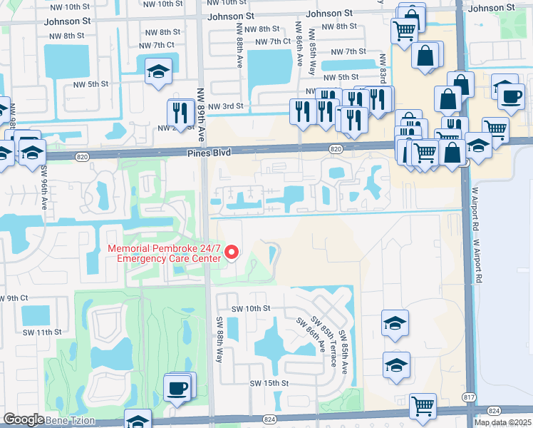 map of restaurants, bars, coffee shops, grocery stores, and more near 8779 Southwest 5th Street in Pembroke Pines