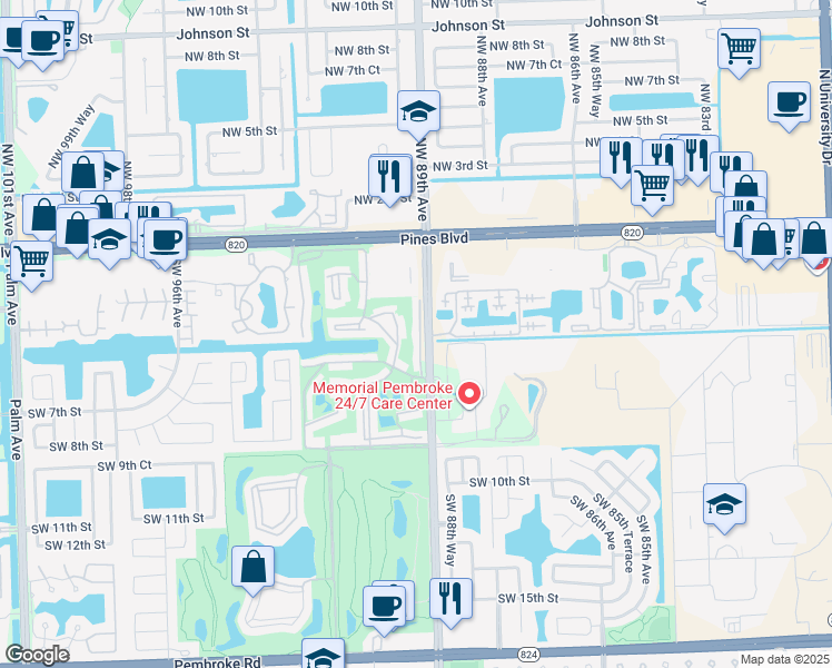 map of restaurants, bars, coffee shops, grocery stores, and more near 450 Southwest 88th Terrace in Pembroke Pines