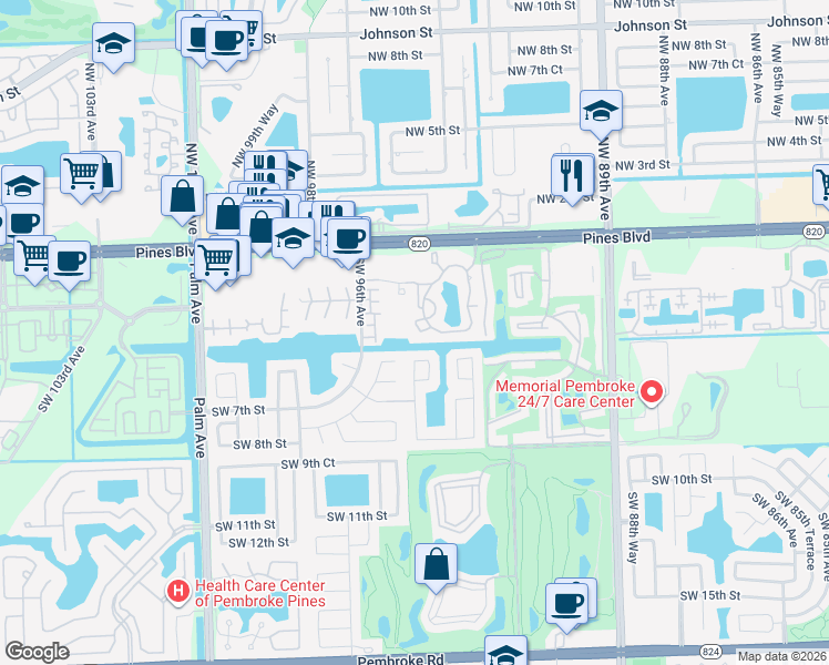 map of restaurants, bars, coffee shops, grocery stores, and more near 400 Palm Way in Pembroke Pines