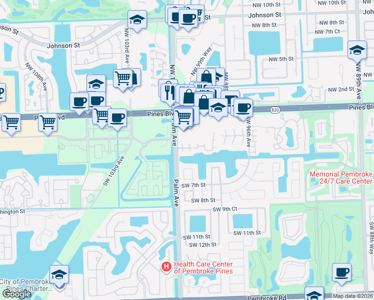 map of restaurants, bars, coffee shops, grocery stores, and more near 290 Southwest 100th Avenue in Pembroke Pines