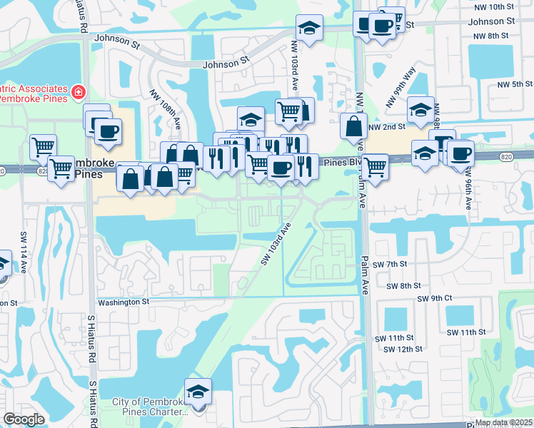 map of restaurants, bars, coffee shops, grocery stores, and more near 10400 Southwest City Center boulevard in Pembroke Pines