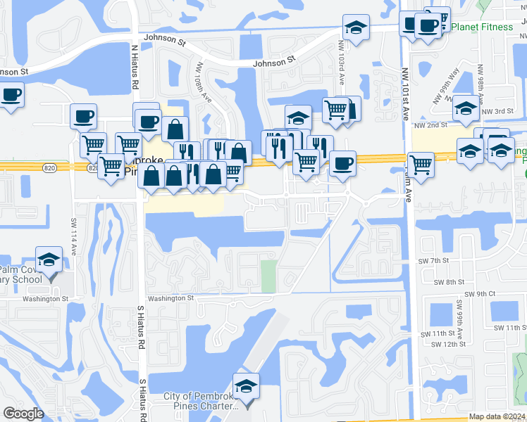 map of restaurants, bars, coffee shops, grocery stores, and more near 10700 Southwest City Center boulevard in Pembroke Pines