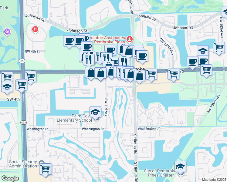 map of restaurants, bars, coffee shops, grocery stores, and more near 11366 Southwest 2nd Court in Pembroke Pines