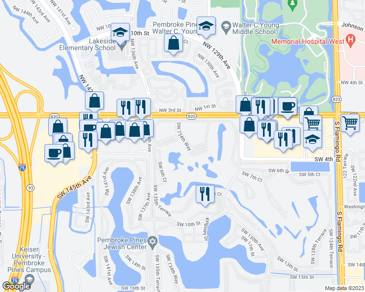 map of restaurants, bars, coffee shops, grocery stores, and more near 251 Southwest 134th Way in Pembroke Pines