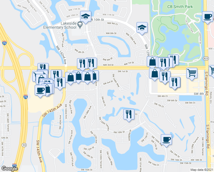 map of restaurants, bars, coffee shops, grocery stores, and more near 13450 Southwest 3rd Street in Pembroke Pines