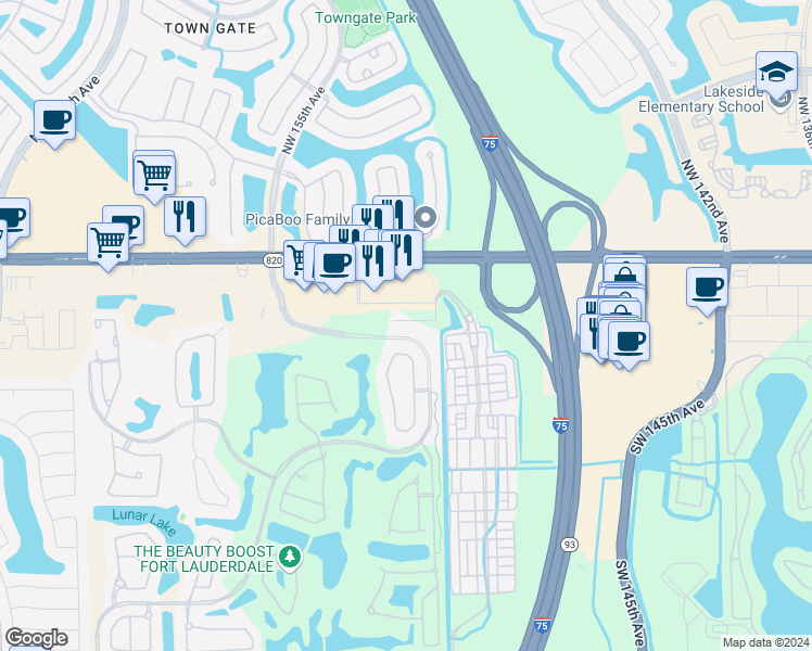 map of restaurants, bars, coffee shops, grocery stores, and more near 100 Southwest 4th Street in Pembroke Pines