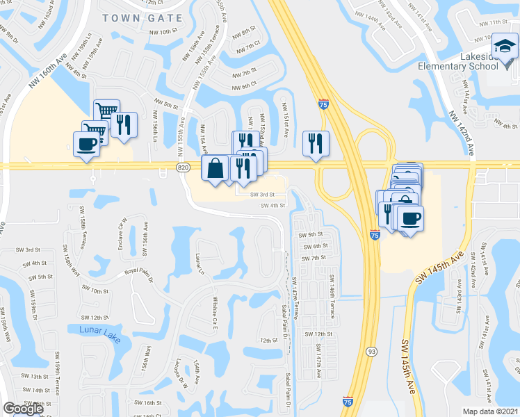 map of restaurants, bars, coffee shops, grocery stores, and more near 100 Southwest 4th Street in Pembroke Pines
