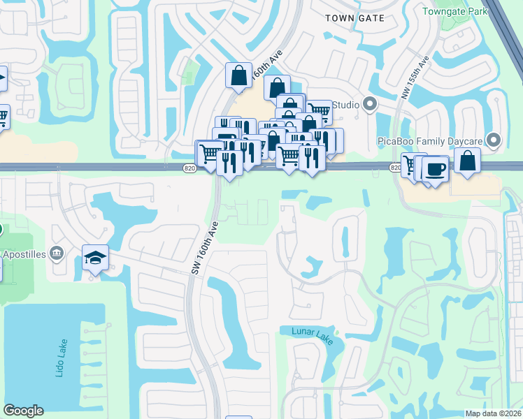 map of restaurants, bars, coffee shops, grocery stores, and more near 16000 Pines Boulevard in Pembroke Pines