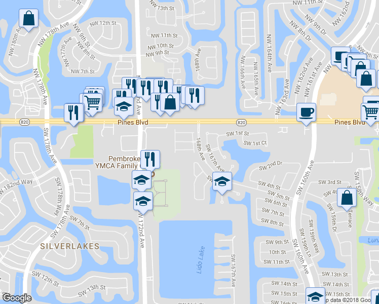 map of restaurants, bars, coffee shops, grocery stores, and more near 16869 Southwest 1st Manor in Pembroke Pines