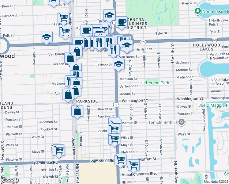 map of restaurants, bars, coffee shops, grocery stores, and more near 1811 Jefferson Street in Hollywood
