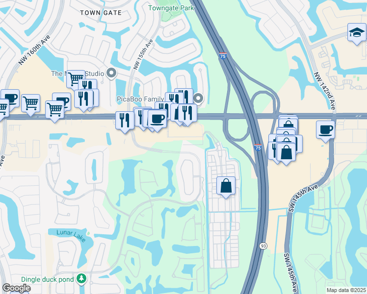 map of restaurants, bars, coffee shops, grocery stores, and more near 100 Southwest 4th Street in Pembroke Pines
