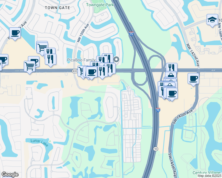 map of restaurants, bars, coffee shops, grocery stores, and more near 100 Southwest 4th Street in Pembroke Pines