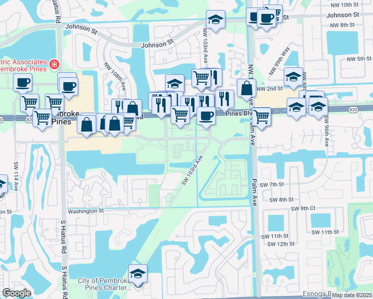 map of restaurants, bars, coffee shops, grocery stores, and more near 10400 Southwest City Center boulevard in Pembroke Pines