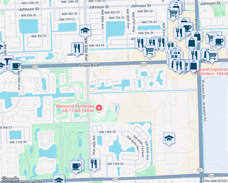 map of restaurants, bars, coffee shops, grocery stores, and more near 8713 Southwest 5th Street in Pembroke Pines