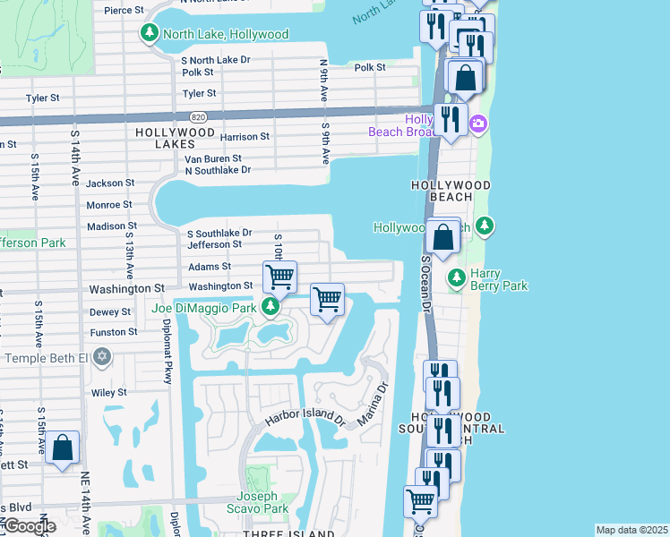 map of restaurants, bars, coffee shops, grocery stores, and more near 858 South South Lake Drive in Hollywood