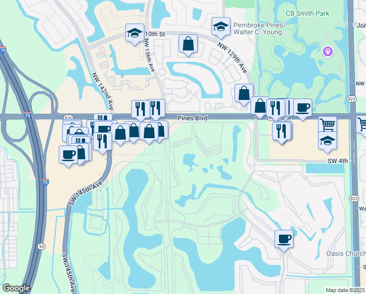 map of restaurants, bars, coffee shops, grocery stores, and more near 13450 Southwest 3rd Street in Pembroke Pines
