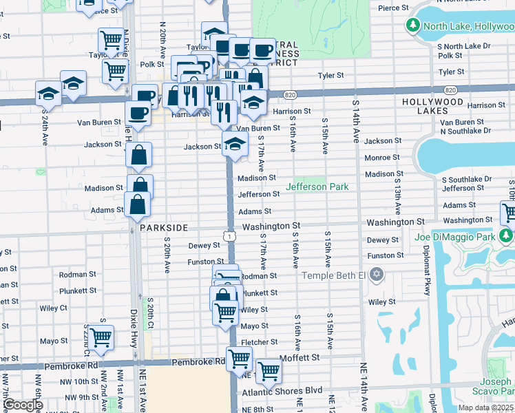 map of restaurants, bars, coffee shops, grocery stores, and more near 1651 Adams Street in Hollywood