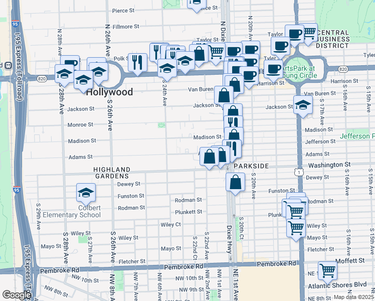 map of restaurants, bars, coffee shops, grocery stores, and more near 2243 Adams Street in Hollywood