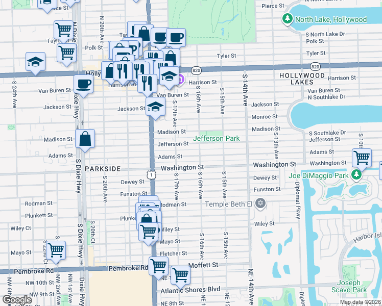 map of restaurants, bars, coffee shops, grocery stores, and more near 1617 Adams Street in Hollywood