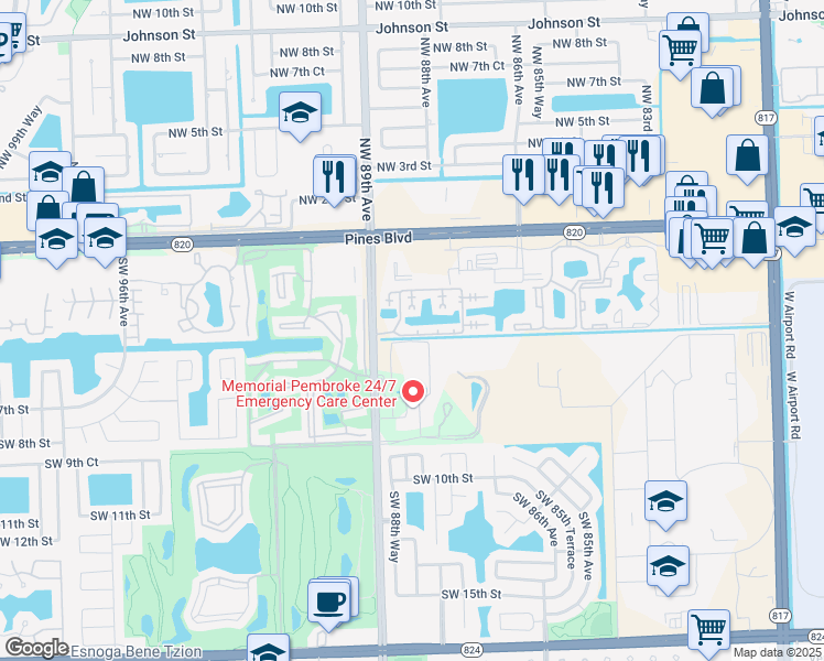 map of restaurants, bars, coffee shops, grocery stores, and more near 8713 Southwest 5th Street in Pembroke Pines