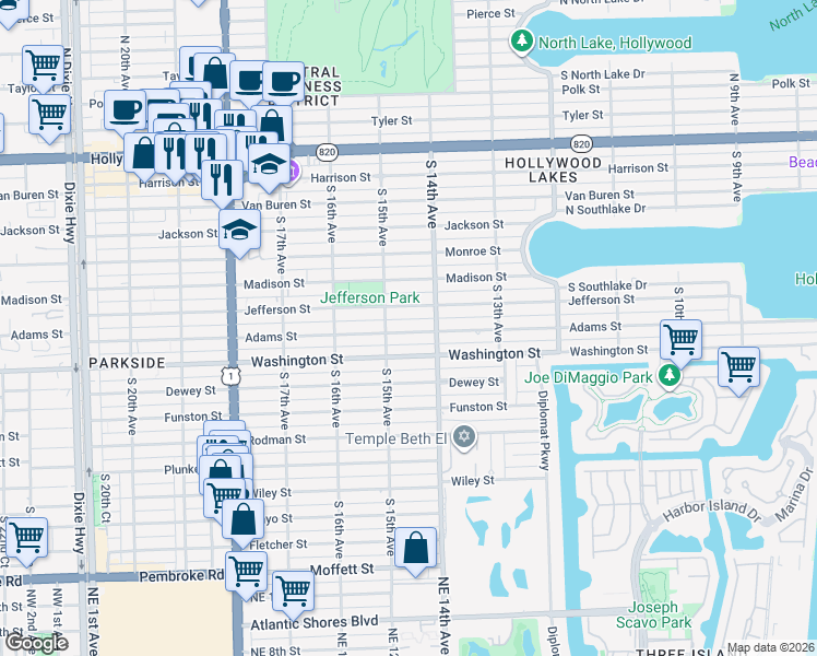 map of restaurants, bars, coffee shops, grocery stores, and more near 1433 Adams Street in Hollywood