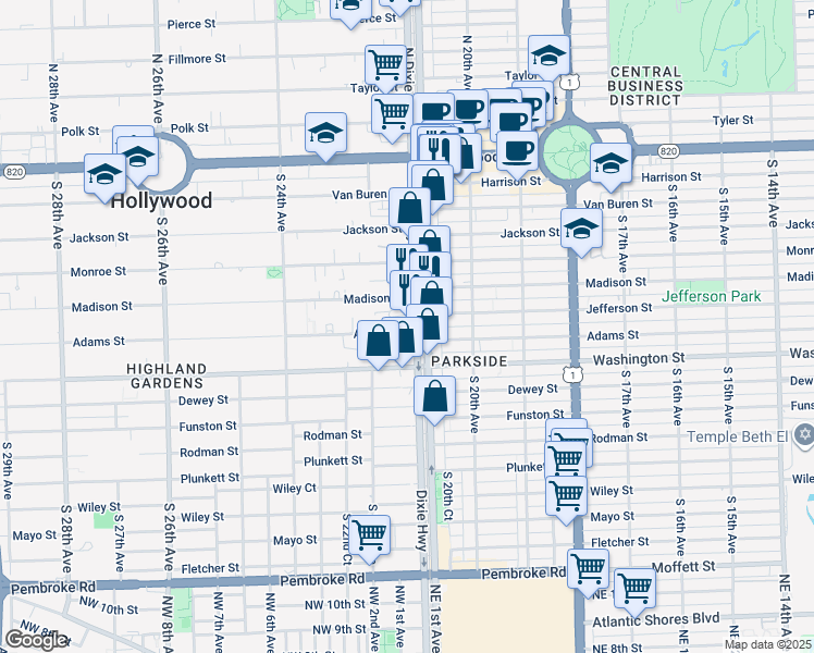 map of restaurants, bars, coffee shops, grocery stores, and more near 2107 Adams Street in Hollywood