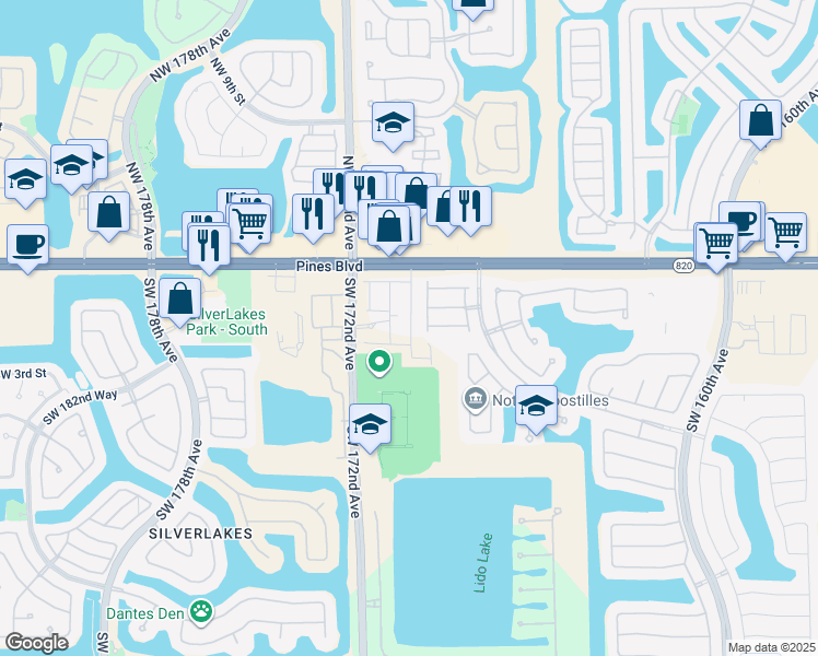 map of restaurants, bars, coffee shops, grocery stores, and more near 201 Southwest 172nd Avenue in Pembroke Pines