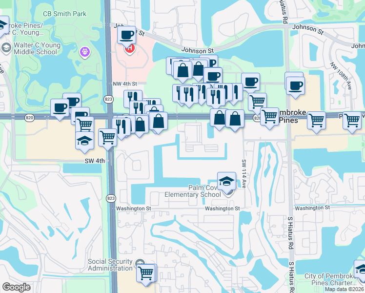 map of restaurants, bars, coffee shops, grocery stores, and more near 200 Southwest 117th Terrace in Pembroke Pines