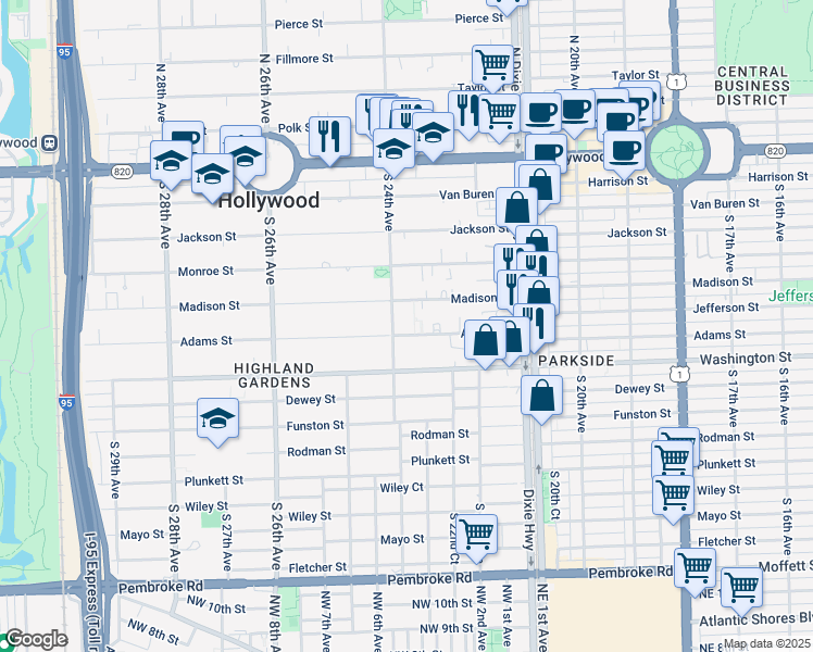 map of restaurants, bars, coffee shops, grocery stores, and more near 617 South 24th Avenue in Hollywood