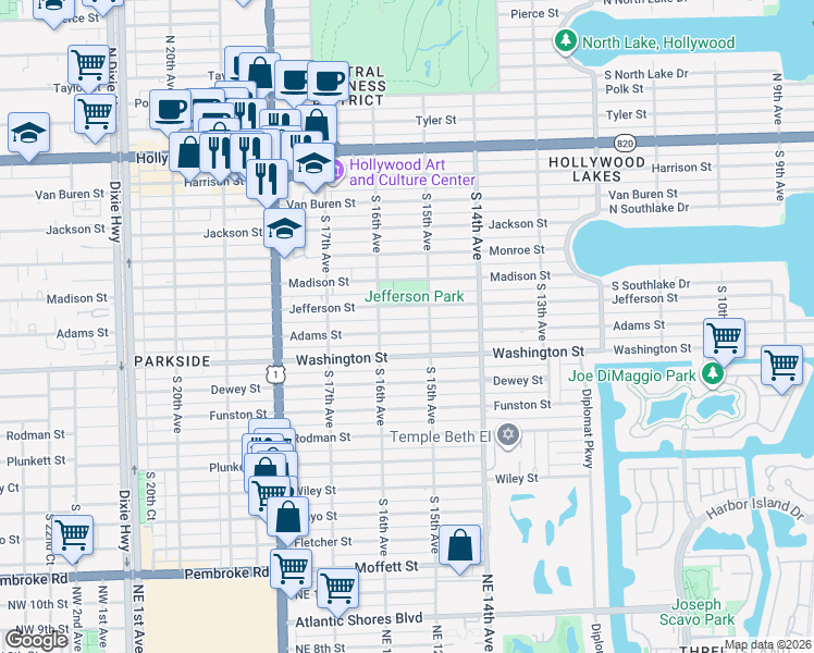 map of restaurants, bars, coffee shops, grocery stores, and more near 1517 Adams Street in Hollywood