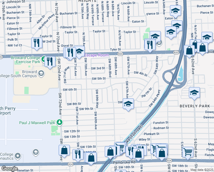 map of restaurants, bars, coffee shops, grocery stores, and more near 6851 Southwest 6th Street in Pembroke Pines