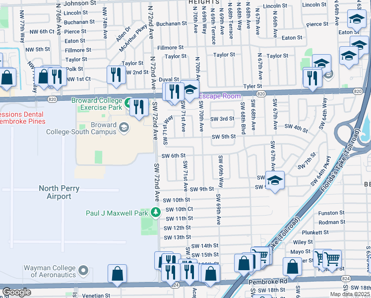map of restaurants, bars, coffee shops, grocery stores, and more near 7040 Southwest 5th Court in Pembroke Pines