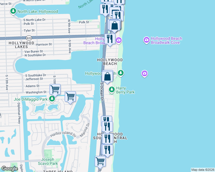 map of restaurants, bars, coffee shops, grocery stores, and more near 1201 South Ocean Drive in Hollywood