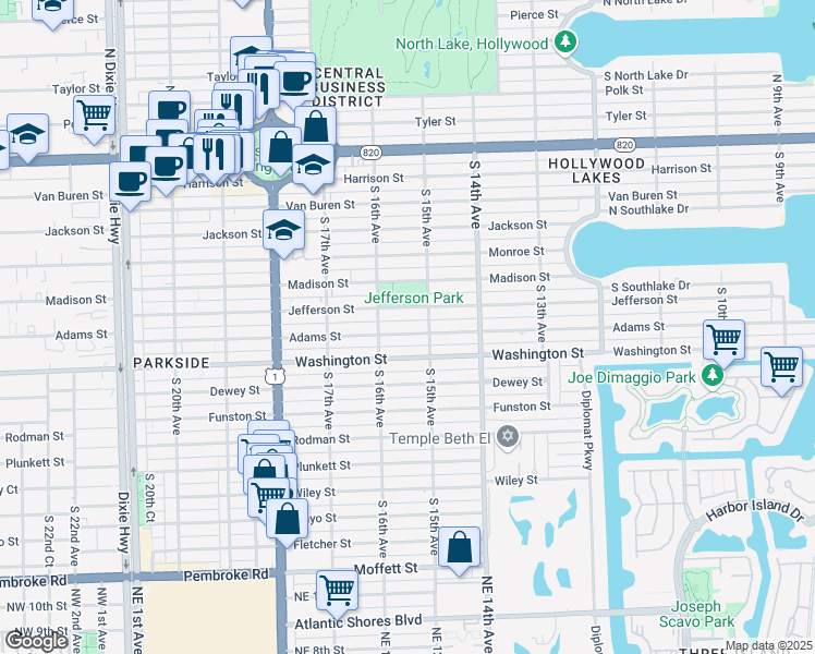 map of restaurants, bars, coffee shops, grocery stores, and more near 1517 Adams Street in Hollywood
