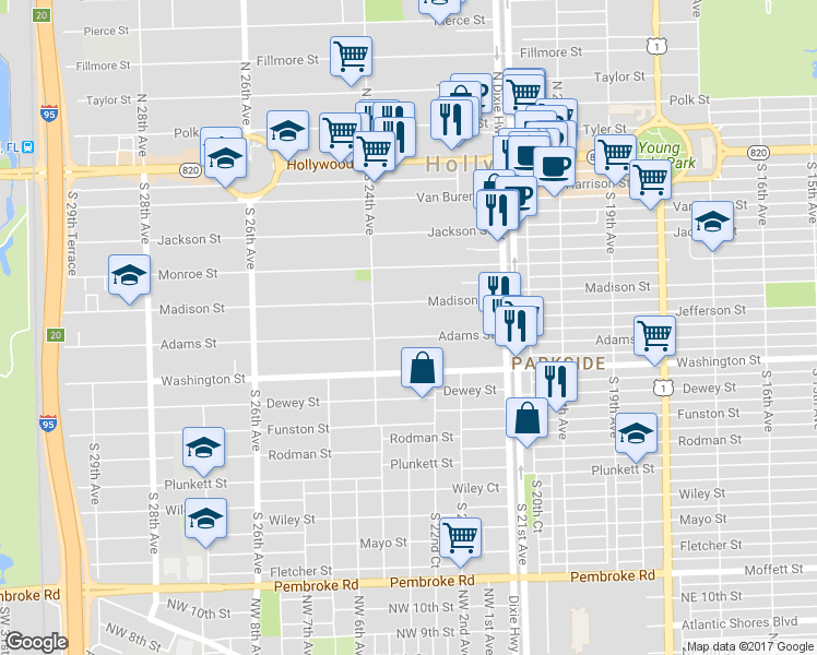 map of restaurants, bars, coffee shops, grocery stores, and more near 2243 Adams Street in Hollywood