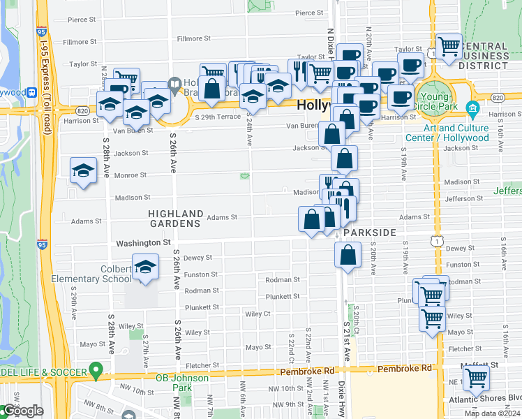 map of restaurants, bars, coffee shops, grocery stores, and more near 617 South 24th Avenue in Hollywood