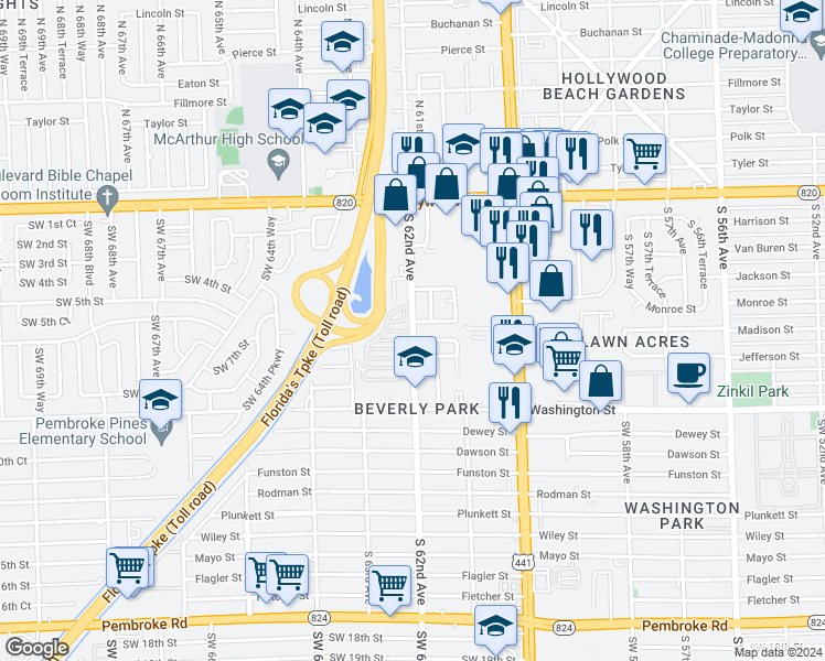 map of restaurants, bars, coffee shops, grocery stores, and more near 6136 Monroe Street in Hollywood