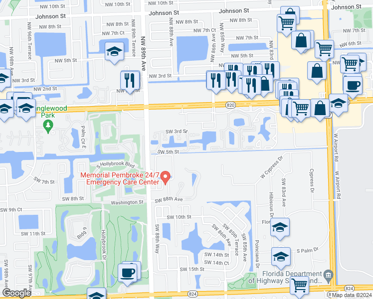 map of restaurants, bars, coffee shops, grocery stores, and more near 8713 Southwest 5th Street in Pembroke Pines