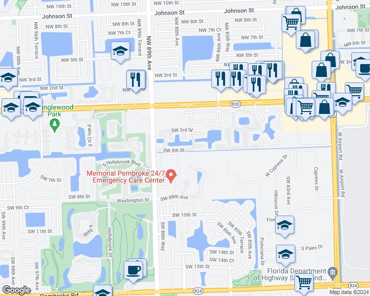 map of restaurants, bars, coffee shops, grocery stores, and more near 8713 Southwest 5th Street in Pembroke Pines