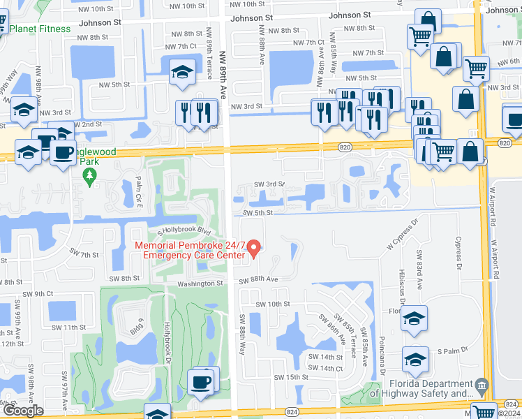 map of restaurants, bars, coffee shops, grocery stores, and more near 8713 Southwest 5th Street in Pembroke Pines