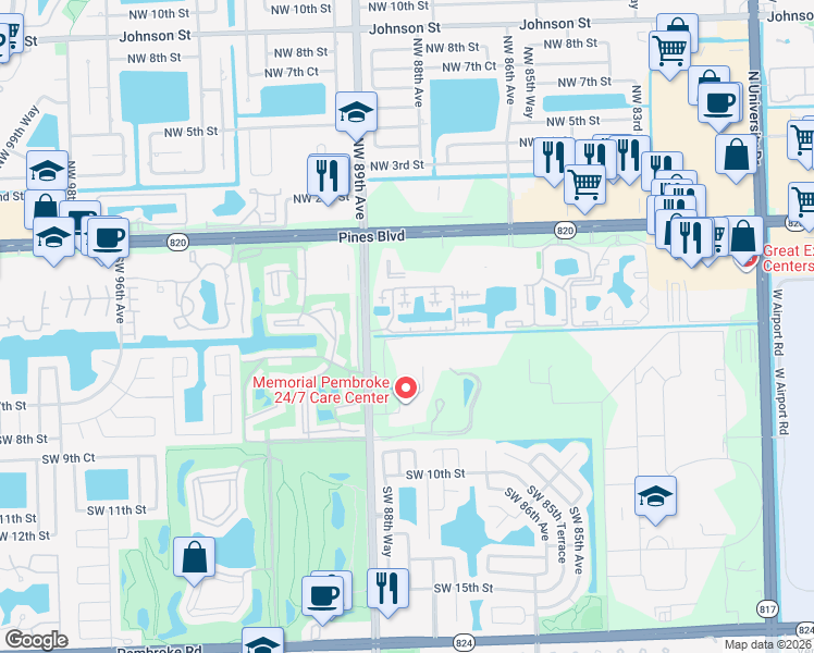 map of restaurants, bars, coffee shops, grocery stores, and more near 8713 Southwest 5th Street in Pembroke Pines
