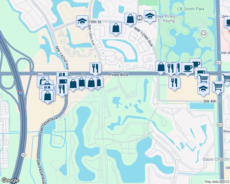 map of restaurants, bars, coffee shops, grocery stores, and more near 13450 Southwest 3rd Street in Pembroke Pines