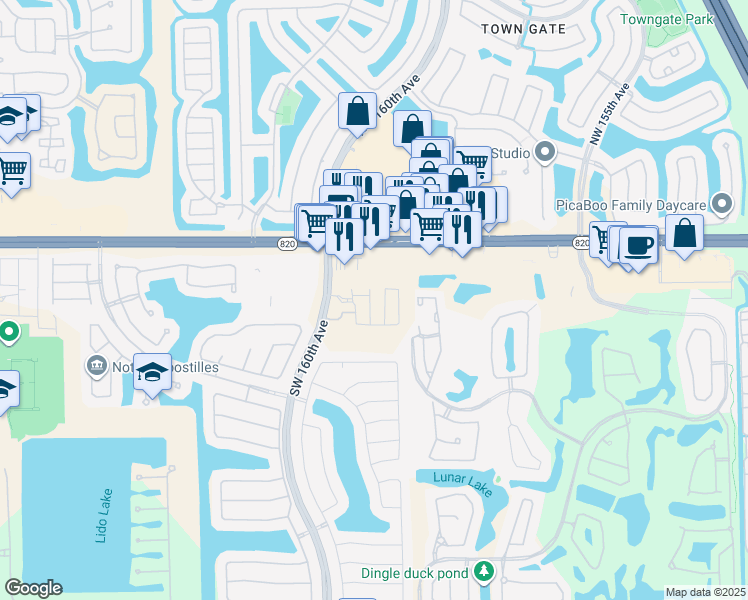 map of restaurants, bars, coffee shops, grocery stores, and more near 16000 Pines Boulevard in Pembroke Pines