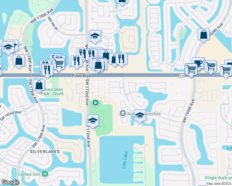 map of restaurants, bars, coffee shops, grocery stores, and more near 16869 Southwest 1st Manor in Pembroke Pines
