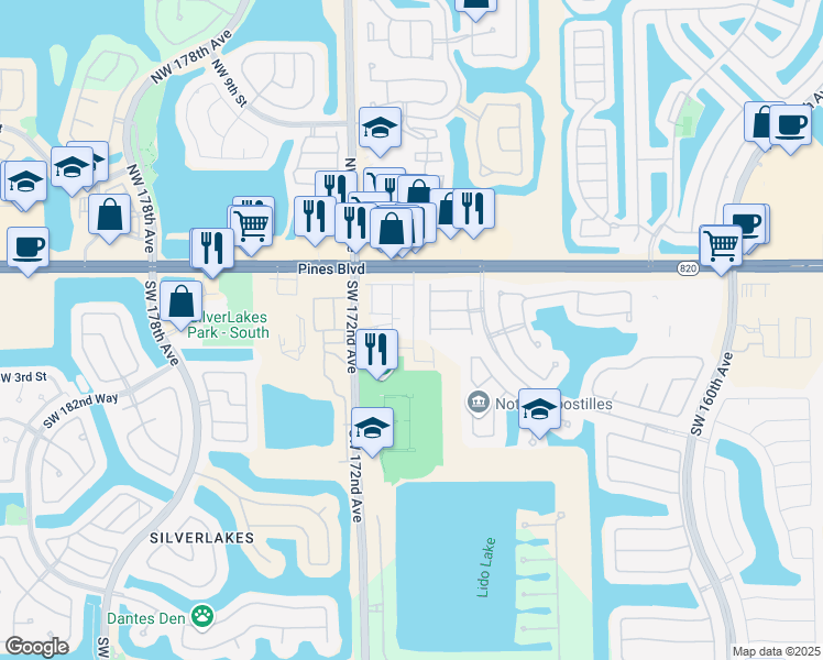 map of restaurants, bars, coffee shops, grocery stores, and more near 201 Southwest 172nd Avenue in Pembroke Pines
