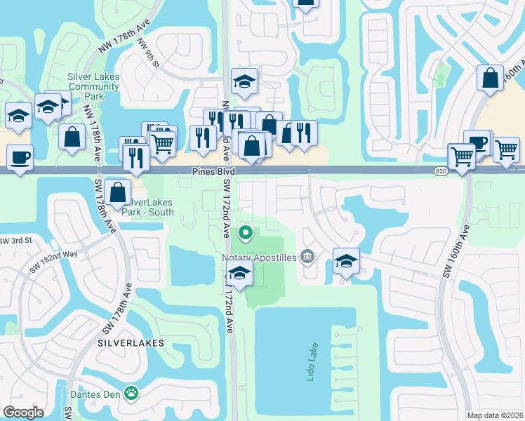 map of restaurants, bars, coffee shops, grocery stores, and more near 201 Southwest 172nd Avenue in Pembroke Pines