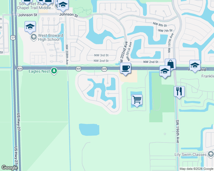 map of restaurants, bars, coffee shops, grocery stores, and more near 172 Southwest 204th Avenue in Pembroke Pines